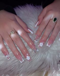 Cute Nail Ideas Medium Length, Simple French Tip With Design, Latina Nails Medium Length, Basic White Nail Designs, White Frenchies With Design Nails, Medium Latina Nails, Nail Inspo Square White, French Tip Nails White With Design, Medium Nails With Rhinestones