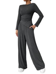 PRICES MAY VARY. Fabric: 92% Viscose Fiber and 8% Spandex blend, made of soft and elastic, high-quality fabric to ensure durability and comfort. It’s easy to care for, allowing you to enjoy its comfort for many occasions to come. Design: Two ways to wear(round neck or off shoulder), Cinched waist control tummy design, bodycon slim fit tops, high waisted pants, wide leg pants. The Long Sleeve Ruched Slim Fitted top and wide leg Pants are designed to accentuate your curves while providing ultimate Massage Therapist Outfits For Women, Massage Therapist Outfit, Feminine Loungewear, Therapist Outfit, Casual Pajamas, Matching Lounge Set, Stylish Loungewear, Loungewear Outfits, Set Outfits