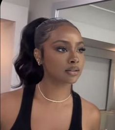 Ponytail Hairstyles For Black Women Wig, License Photo Black Woman, Low Updo Black Women, Braid Weave Hairstyles For Black Women, Black Formal Women Outfit, Justine Skye Ponytail, Spring Hairstyles Black Women, Middle Part High Ponytail Black Women, Hair Rollers Black Women