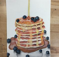 a painting of a stack of pancakes with blueberries and a lit candle on top