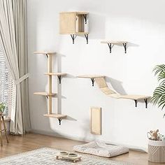 a living room filled with furniture and a cat scratching board on the wall next to a potted plant