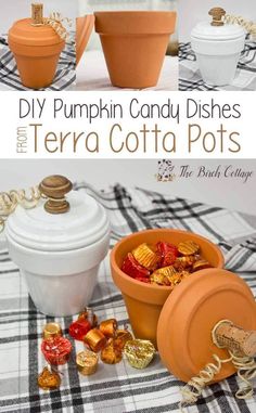 diy pumpkin candy dishes and terra cota pots with text overlay that says diy pumpkin candy dishes and terra cota pots