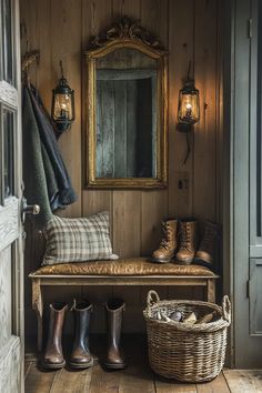 a wooden bench sitting in front of a mirror next to a basket and shoes on the floor