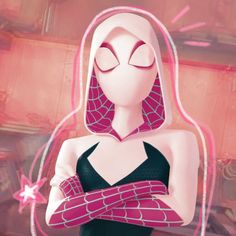 a woman in a black top and pink spider suit with her arms crossed over her chest