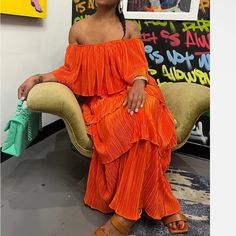 Orange Off The Shoulder Maxi Dress. Spring Holiday Orange Maxi Dress, Summer Dress Trends, Off The Shoulder Maxi Dress, Colorful Maxi Dress, Orange Dresses, Ribbed Maxi Dress, Off Shoulder Maxi Dress, Loose Maxi Dress, Beach Maxi Dress