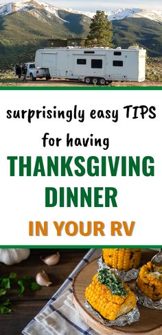 thanksgiving dinner with an rv in the background and text overlay that reads, surprising easy tips for having thanksgiving dinner in your rv