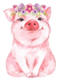 a pig with sunflowers on its head is sitting in front of a white background