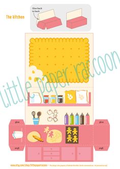 the kitchen is made up of pink and yellow paper, with different items on it