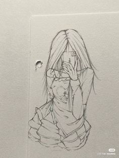 a drawing of a girl holding her phone up to her face and looking at it