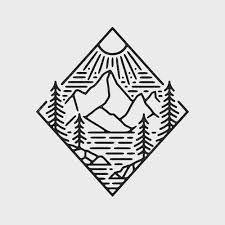 the mountains and trees are depicted in this black and white logo, which has been drawn by