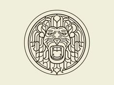 a lion's head with its mouth open in a circular pattern on a beige background