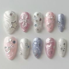 Nails Acrylic Press Ons, Cute Korean Style Nails, Press On Nail Inspiration, Seventeen Inspired Nails Kpop, Newjeans Inspired Nails, Red Velvet Nails Kpop, Seventeen Nails Kpop, Romeo And Juliet Nails, Gel X Inspo Nails