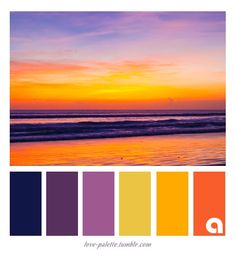 an orange and purple sunset over the ocean with colors that are different from yellow to red