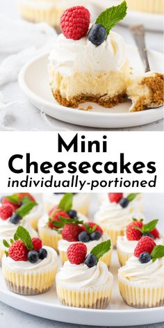 mini cheesecakes with whipped cream and fresh berries on top are the perfect dessert