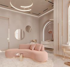 a living room with pink furniture and mirrors on the walls, along with round lights