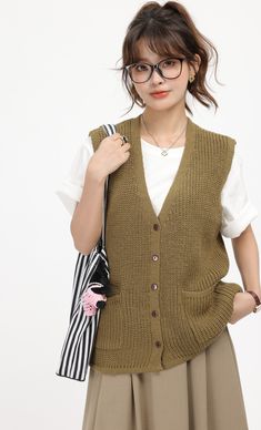 Brown Knitted Lazy Style Vest Brown M Multi Pocket Vest, Types Of Coats, Vest Fashion, Green Diamond, Vest Outfits, Knit Vest, Korean Outfits, Pink Diamond, Sweater Vest