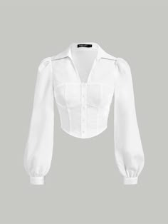 White Casual Collar Long Sleeve Woven Fabric Plain Shirt Embellished Non-Stretch Women Tops, Blouses & Tee White Blouse Aesthetic Outfit, Mode Inspo, Casual Style Outfits, Lookbook Outfits, White Blouse, Cute Casual Outfits, Lany, Classy Outfits, Aesthetic Clothes