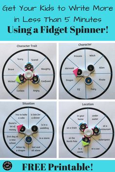 four pictures showing how to make a spinner with the words, get your kids to write