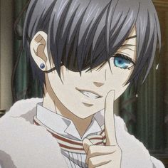 an anime character with black hair and blue eyes giving the finger up to his ear