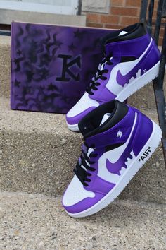 Custom made Jordan 1s with a purple fade that drips on the Nike sign. The paint is permanent and will not come off it is also 100 percent water proof. Prices are higher because the base shoes are a lot harder to get as the growing popularity of Jordan 1 mid increases. If you want the same design on a airforce 1 mid just select that option! The picture is just a mock-up and the real shoe will be the same colors as the Jordan 1 mid! The sizes are listed in men's but if you want a women's size just Nike Sign, Nike Shoes Women Fashion, Custom Sneakers Diy, Marvel Background, Pretty Sneakers, Custom Shoes Diy, Nike Shoes Girls, Nike Fashion Shoes, Basket Style