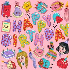 an image of children's birthday decorations on pink background with words happy birthday written in large letters