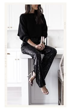 Amazon New Years Outfit, Black Sequin Pants Outfit Holiday, Black Sequin Joggers Outfit, Holiday House Party Outfit, Black Holiday Outfits, Black New Years Outfit, Casual Cocktail Attire For Women, Black Sequin Pants Outfit, Sequin Pants Outfit