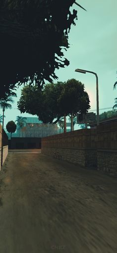 an animated image of a street with trees