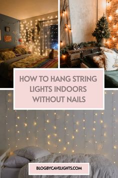 bedroom with string lights and white bedding in front of the window, there are pictures of