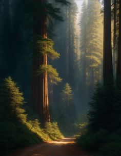 a dirt road surrounded by tall trees in the middle of a forest with sun shining through