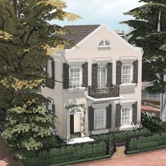 an artist's rendering of a two story white house with black shutters and balconies