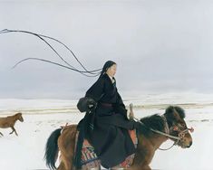 a woman riding on the back of a brown and black horse in snow covered field