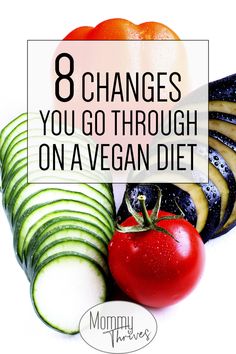 vegetables and fruits with the words 8 changes you go through on a vegan diet