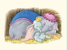 there are two elephants laying next to each other in the hay and one elephant is sleeping