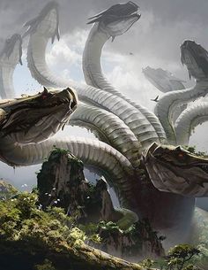 two dragon like creatures in the sky with mountains and clouds behind them, both facing opposite directions