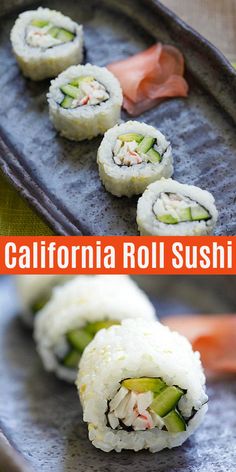 sushi rolls with cucumber and salmon on them in a cast iron pan