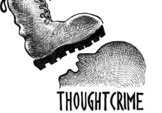 a drawing of a pair of shoes with the words thoughtcrime written on them