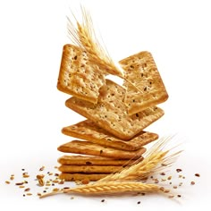 a stack of crackers with wheat on the side and seeds scattered around it in front of a white background