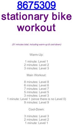 the stationary bike workout plan is shown in blue and white, with instructions on how to use