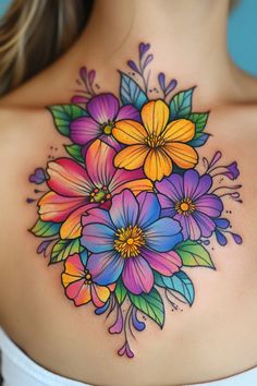 Butterfly With Flowers Tattoo Color, Coloured Flower Tattoo, Bright Flower Tattoos, Flower Mandala Tattoo, Flower Tattoos For Women, Purple Flower Tattoos, Best Tattoo Ideas For Men, Jungle Tattoo, Butterfly With Flowers Tattoo