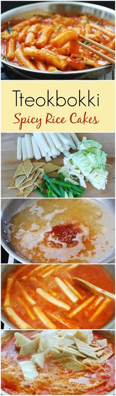 three different pictures of food in pans with sauce and vegetables on the side, including pasta