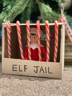 an elf in a box with candy canes