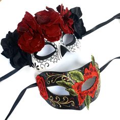 catrina sugar skull mask day of the dead couples mask pair red black adult Day Of The Dead Masks, Red Mask Masquerade, Day Of The Dead Mask, Couples Masquerade Masks, Floral Fabric Design, Mens Masquerade Mask, Opera Mask, Skull Face Mask, Day Of Dead