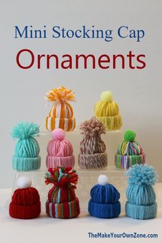 mini stocking cap ornaments in various colors and sizes with text overlay