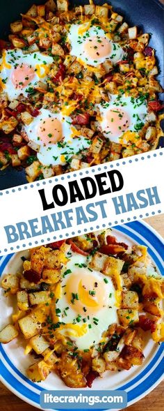 loaded breakfast hash browns in a skillet with an egg on top and the words loaded breakfast hash browns above it