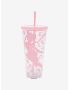 a plastic cup with a pink lid and a straw in the shape of a girl