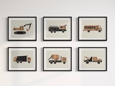 six framed pictures with different types of trucks on them in black and white frames against a wall