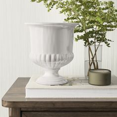 a white vase sitting on top of a wooden table next to a potted plant