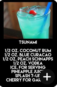 a blue drink in a tall glass with a red cherry on top and the words tsunami below it