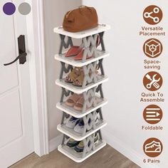 an over the door shoe rack with six pairs of shoes on it and instructions to install them