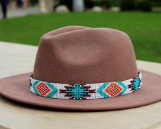 beaded hatband, leather hatband, hatband for cowboy hat, western hat band, navajo hatband, native ha Beaded Hat Bands, Navajo Pattern, Hat Western, Beaded Dog Collar, Beaded Hat, Leather Hat, Leather Workshop, Western Hats, Leather Hats